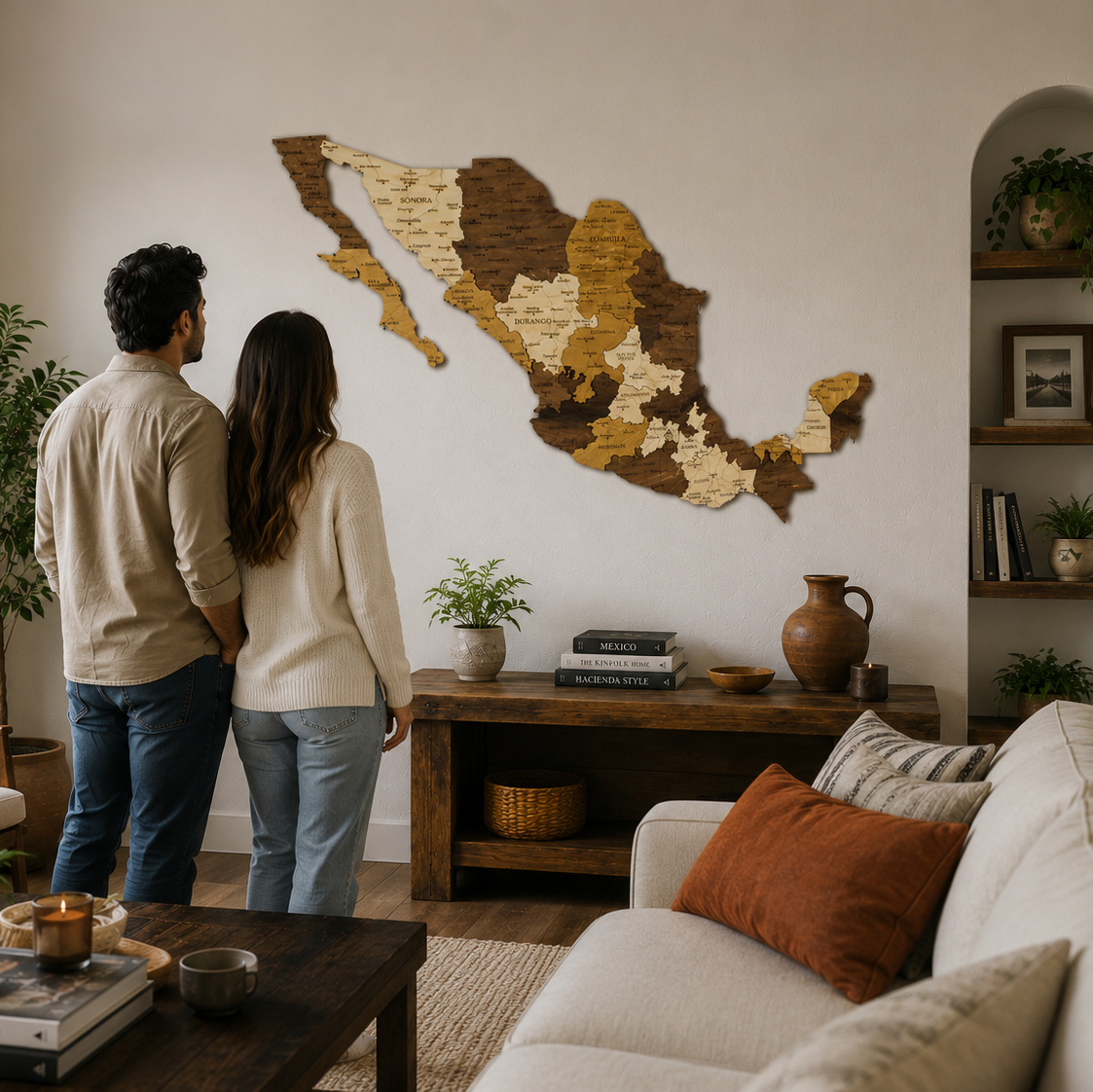 Couple in a living room looking at a wall art of Mexico.