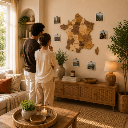 Couple in a living room looking at a wall map of France.