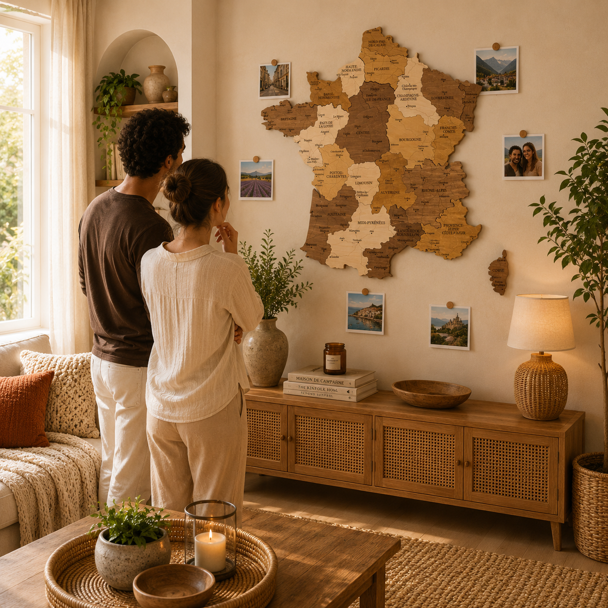 Couple in a living room looking at a wooden map of France on the wall.