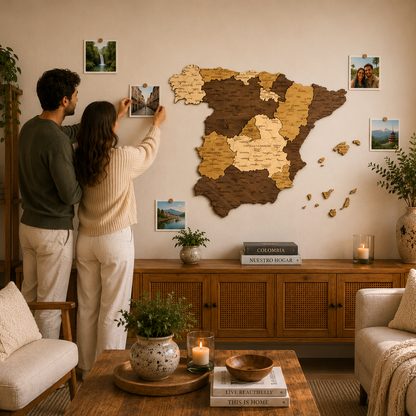 Couple in a living room with a decorative map of Spain on the wall.