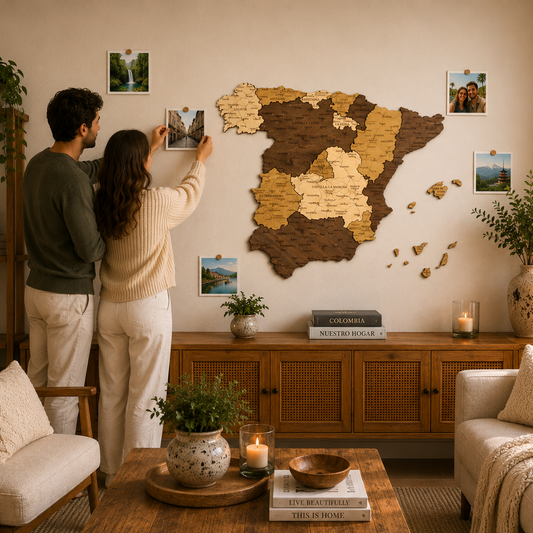 Couple in a living room with a decorative map of Spain on the wall.