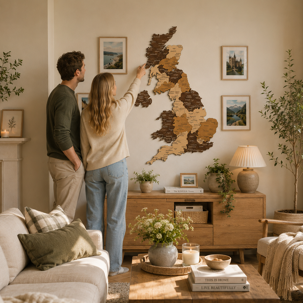 Couple in a living room with a decorative map of the UK on the wall