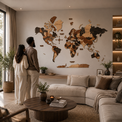 Couple in a living room with a world map on the wall