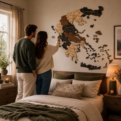 Couple looking at a greece map on the wall in a bedroom.