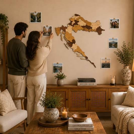 Couple looking at a wall map of Croatia in a cozy living room.