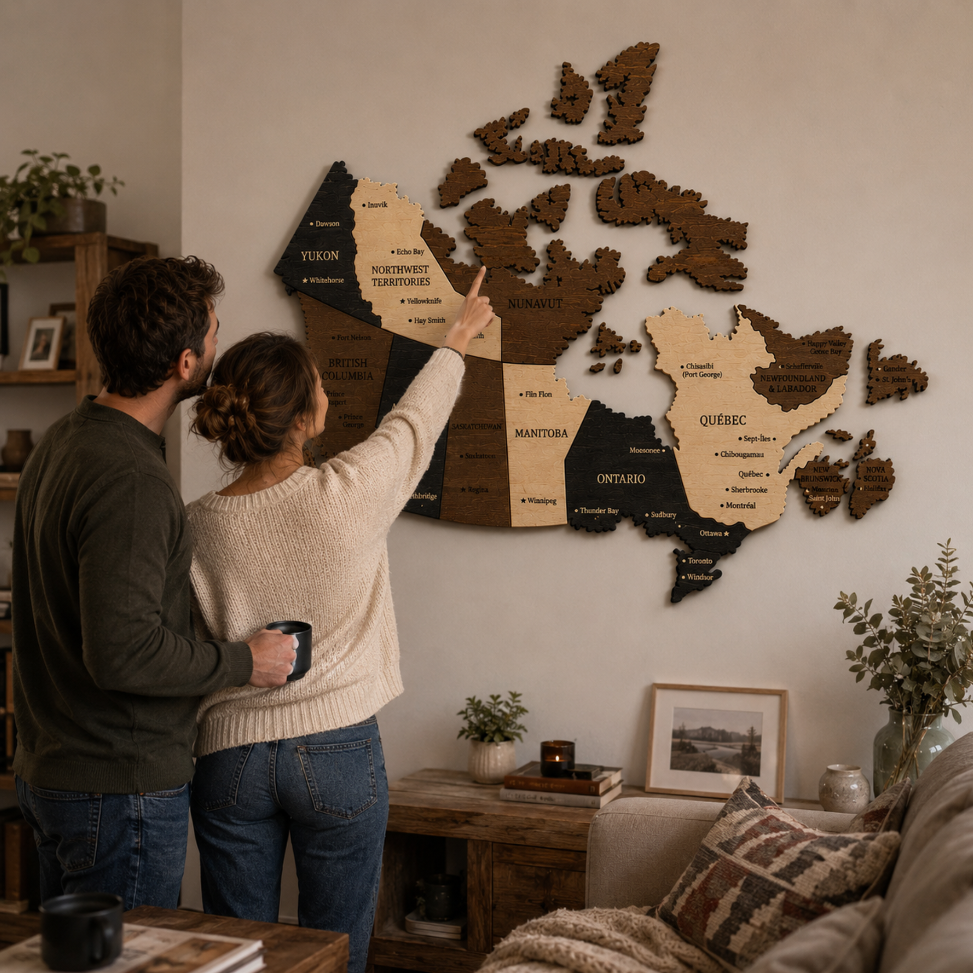 Couple looking at a wooden canada map on a wall in a cozy living room.