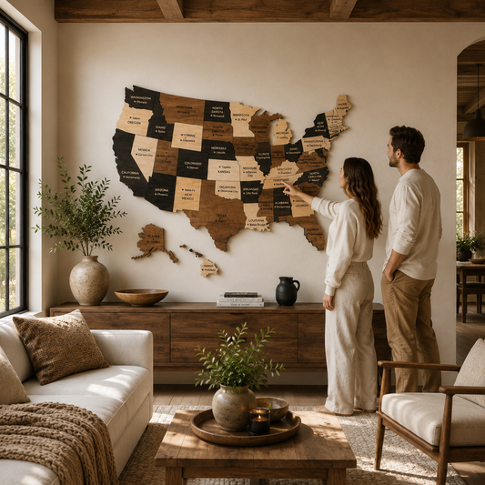 Couple pointing at a wooden map of the United States in a cozy living room.