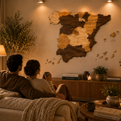 Couple sitting on a couch in a cozy living room with a wall map of Spain.