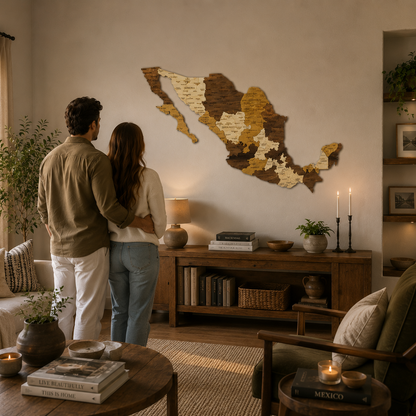 Couple standing in a cozy living room looking at a wall art map of Mexico.