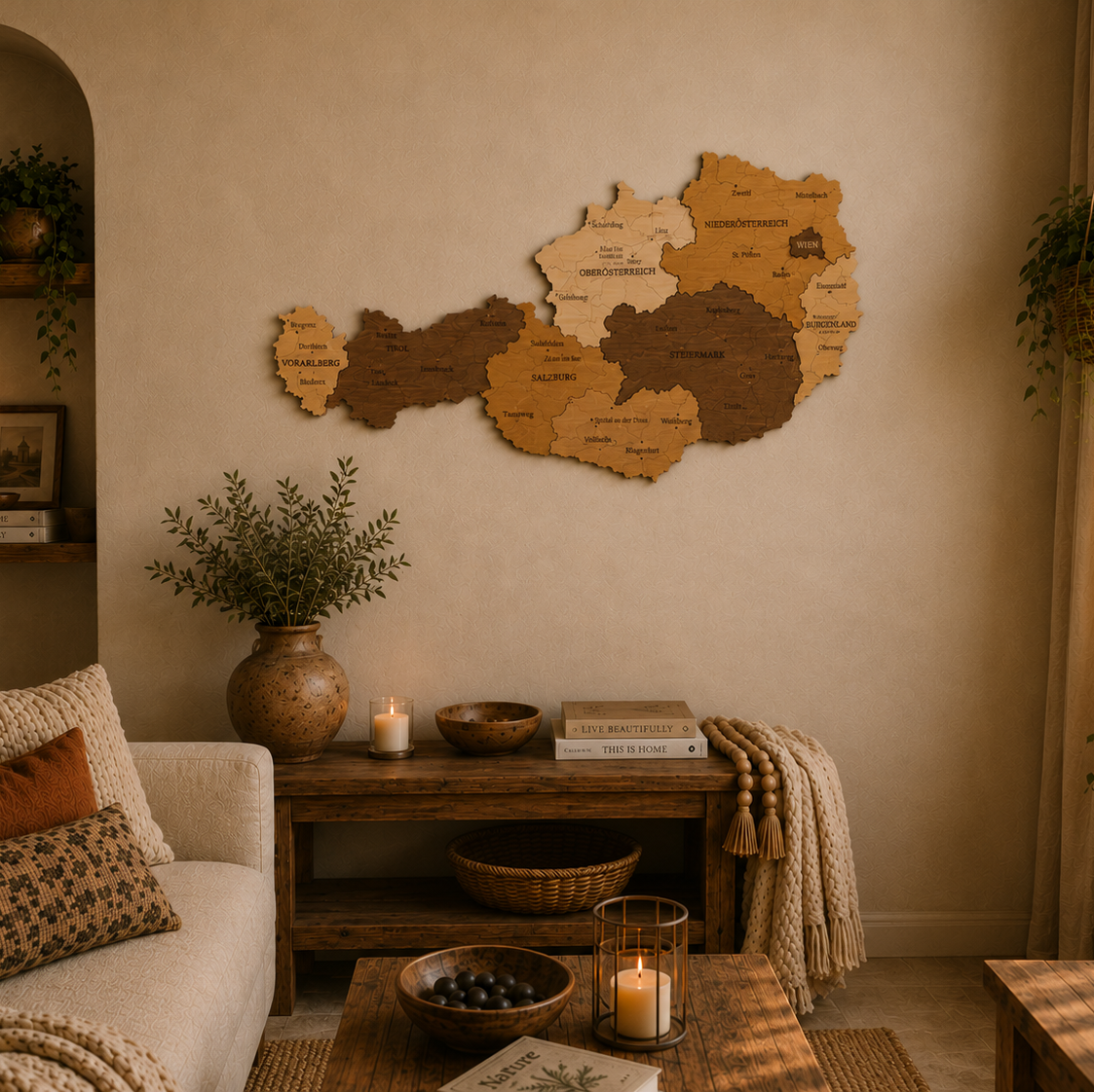 Cozy living room with a wooden map of Austria on the wall, sofa, and decorative items.