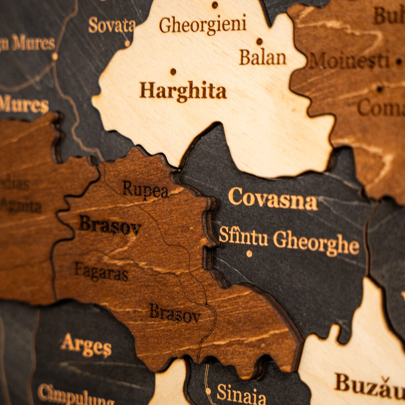 Wooden puzzle map of Romania with regions labeled