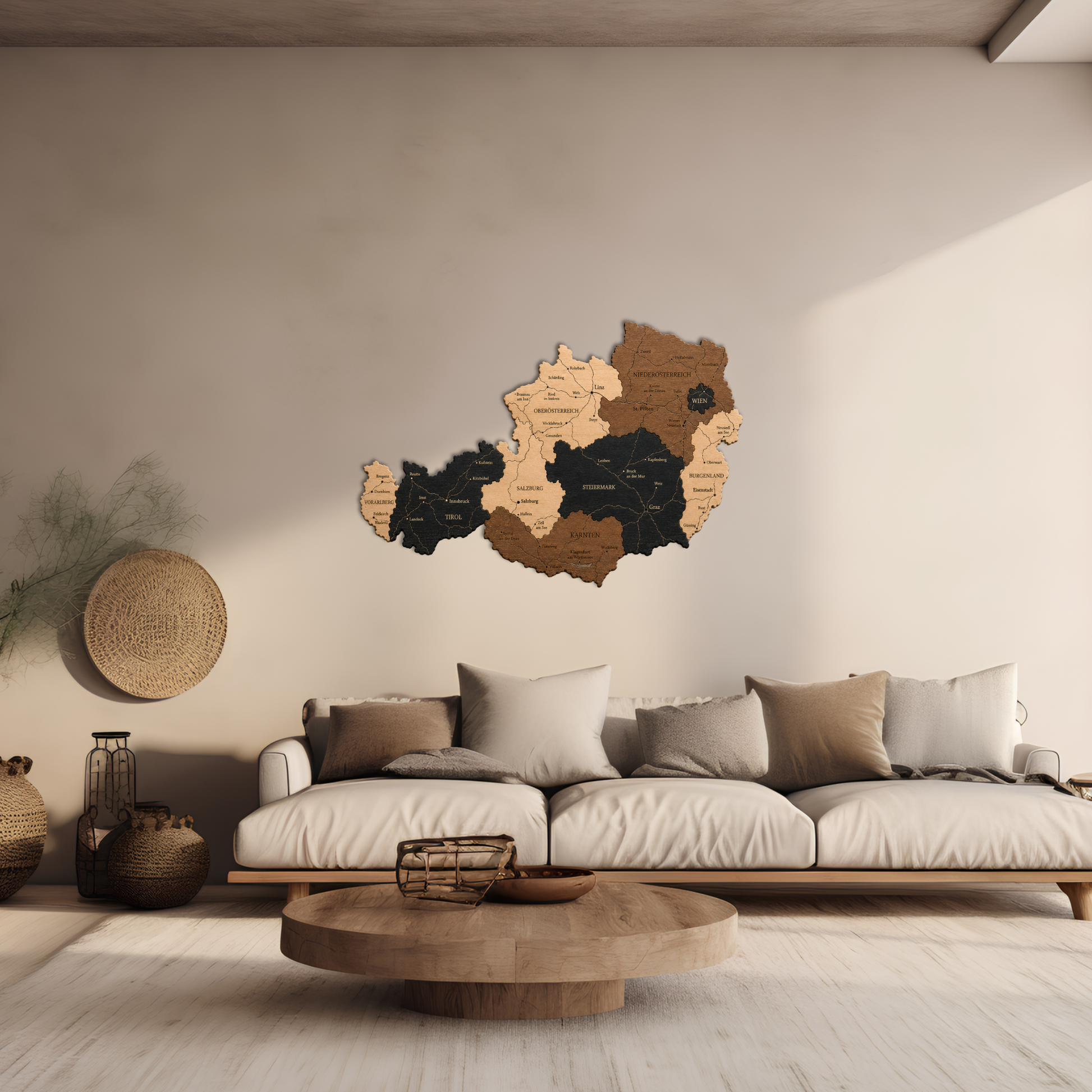 Decorative wall art of Austria in a living room setting with a sofa and coffee table.