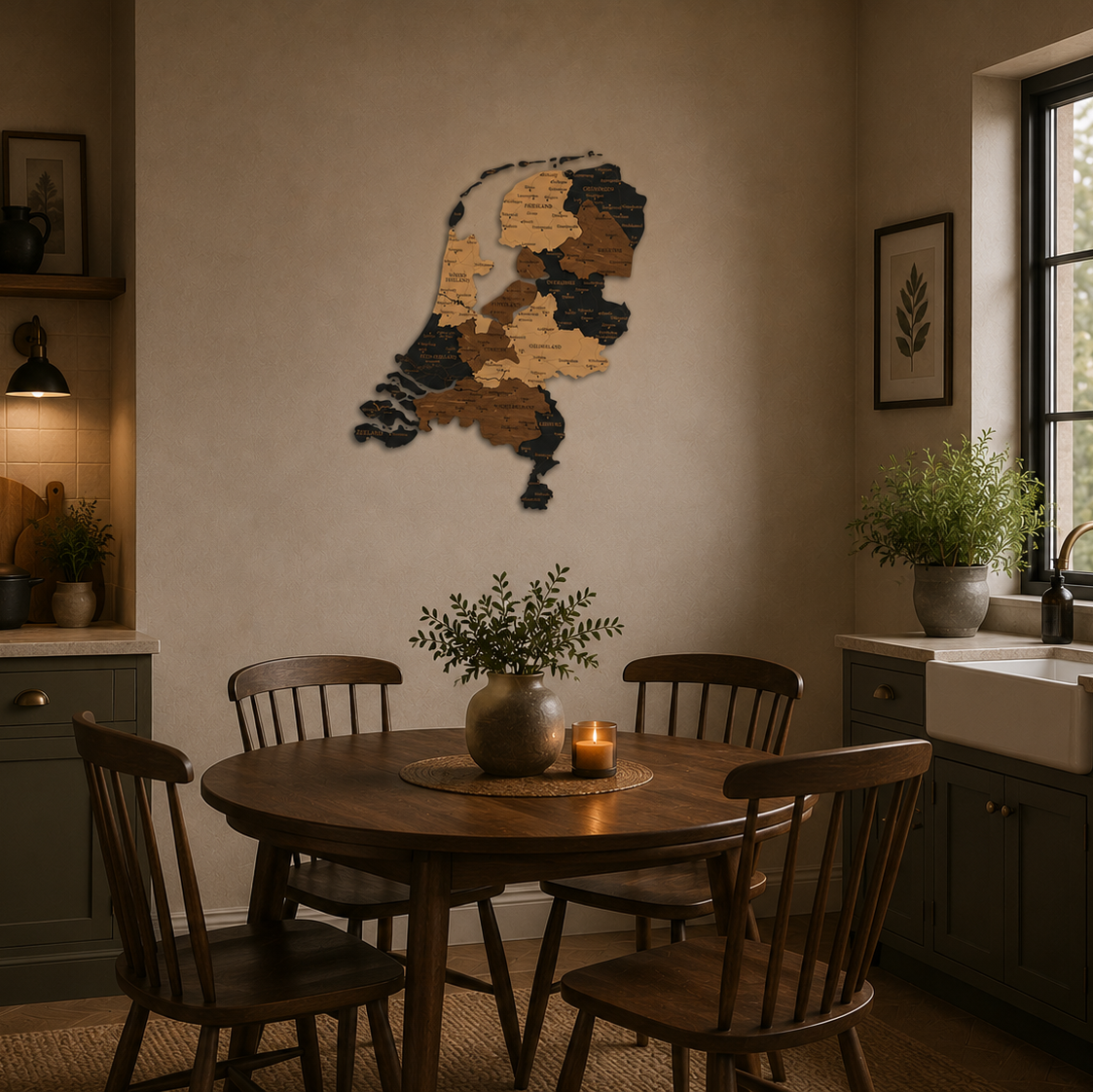 Dining room with wooden table and chairs, wall art of netherlands, and kitchen area.