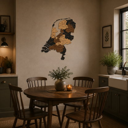 Dining room with wooden table and chairs, wall art of netherlands, and kitchen area.