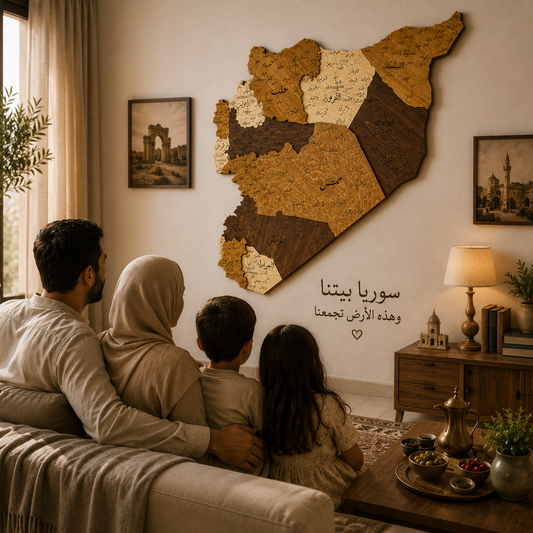 Family sitting on a couch in a living room with a decorative map of Syria on the wall.