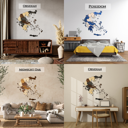 Four different room settings with Greece Map in wood 3D color labeled 'Obsidian', 'Poseidon', 'Midnight Oak'.