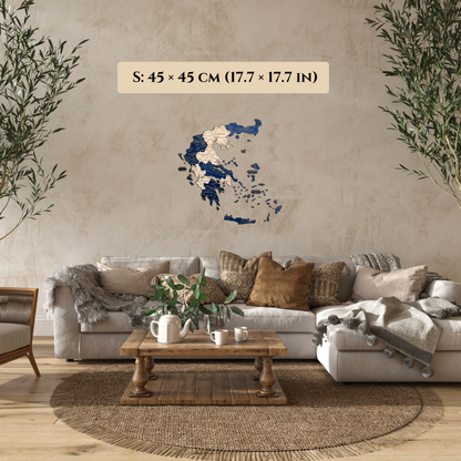 Greece Wooden Map in a Living room with a beige sofa, wooden coffee table, and decorative wall art.