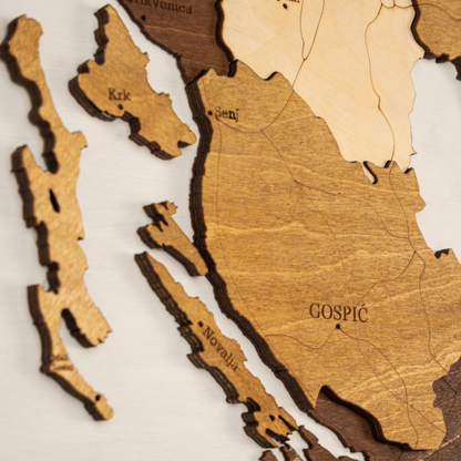 Handcrafted Croatia wooden map with Adriatic islands and detailed region outlines