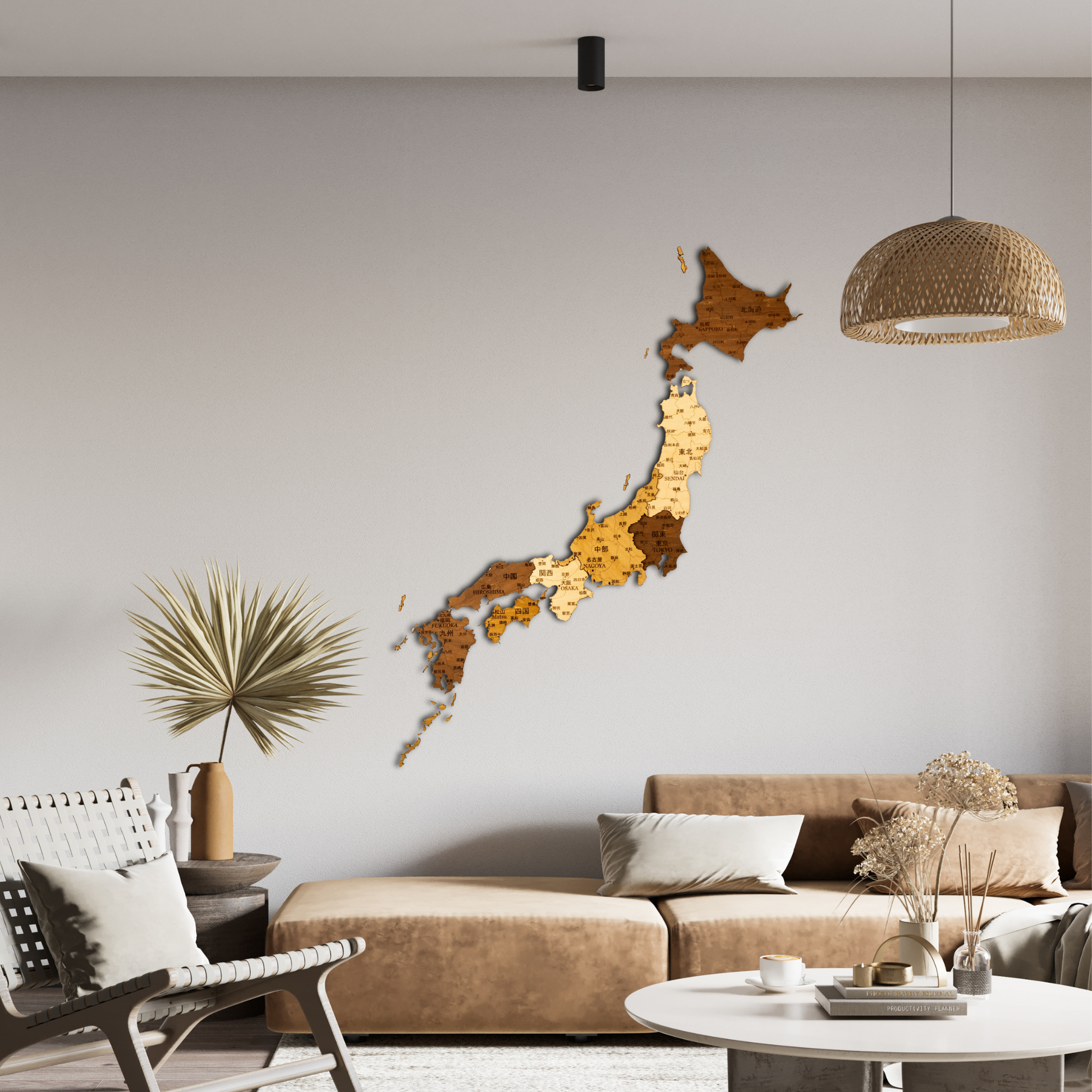 Wooden wall decoration of Japan in a living room setting with a sofa and decor items.