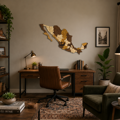 Home office with wooden desk, chair, and wall-mounted map of Mexico.