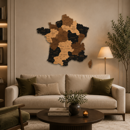 Living room with a beige sofa, decorative wall art of france, and a lamp.
