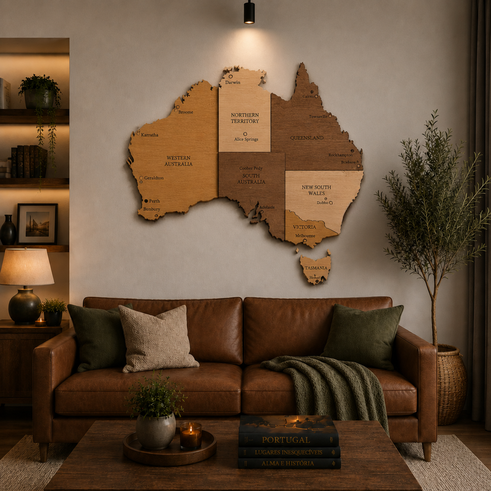 Living room with a brown leather sofa, wooden coffee table, and wall-mounted map of Australia.