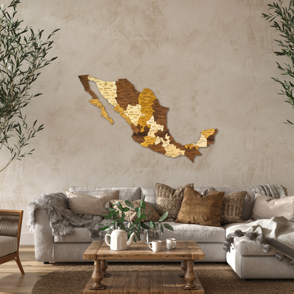 Living room with a couch, coffee table, and decorative wall art of Mexico on a beige wall.