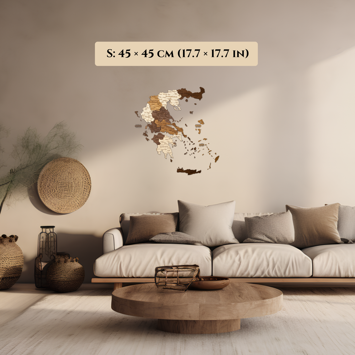 Living room with a decorative wall art of 3D Wooden map of Greece in brown and beige colors piece and a sofa.