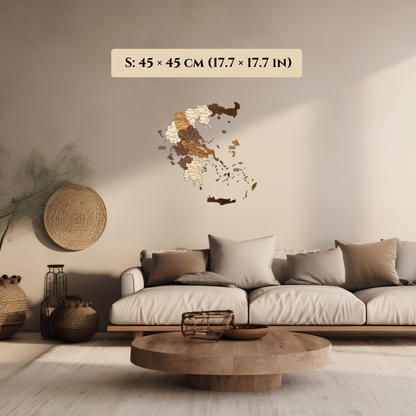 Living room with a decorative wall art of 3D Wooden map of Greece in brown and beige colors piece and a sofa.