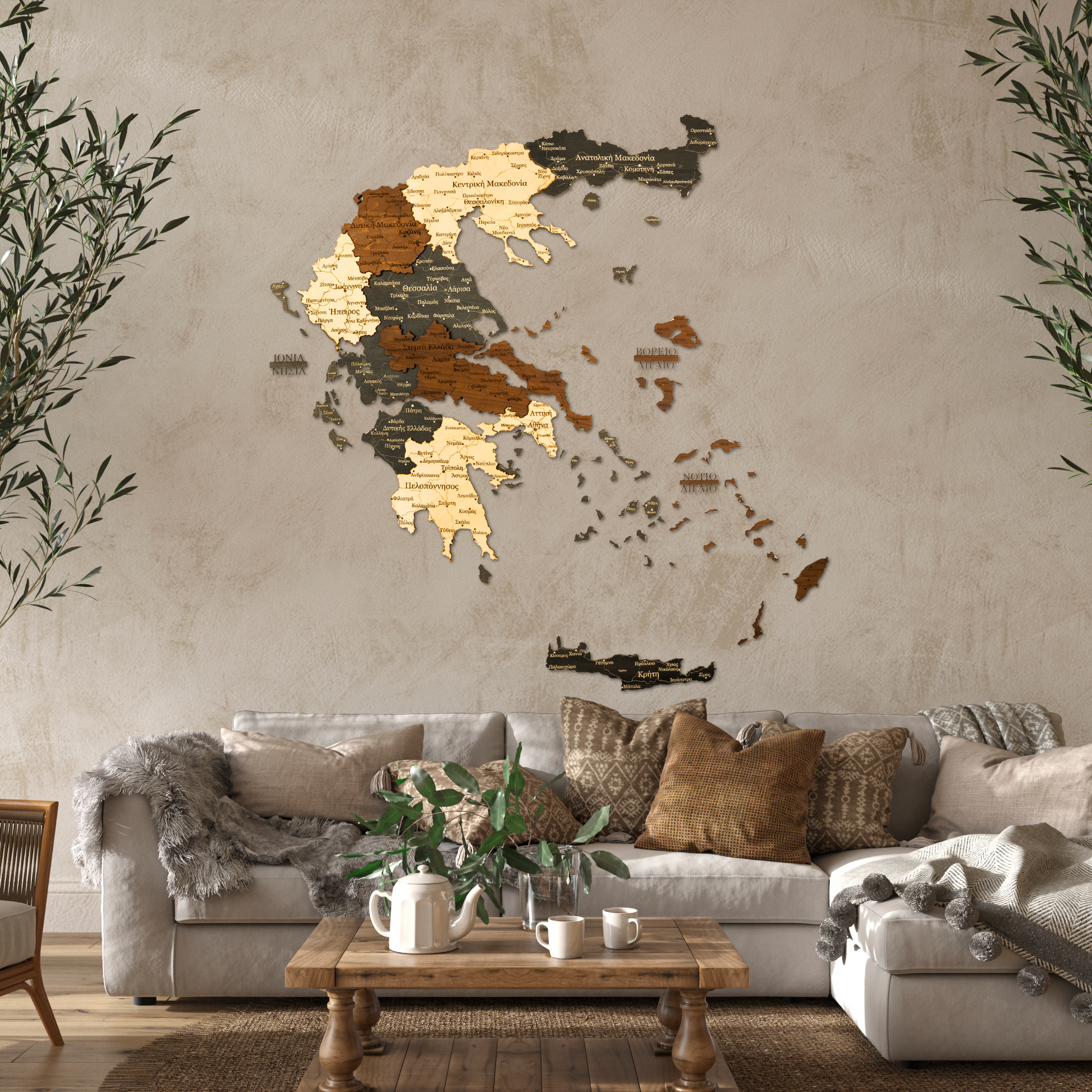 Living room with a decorative wall map of Greece, a sofa, and a coffee table.