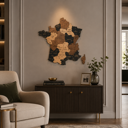 Living room with a wall map of France, armchair, and side table.