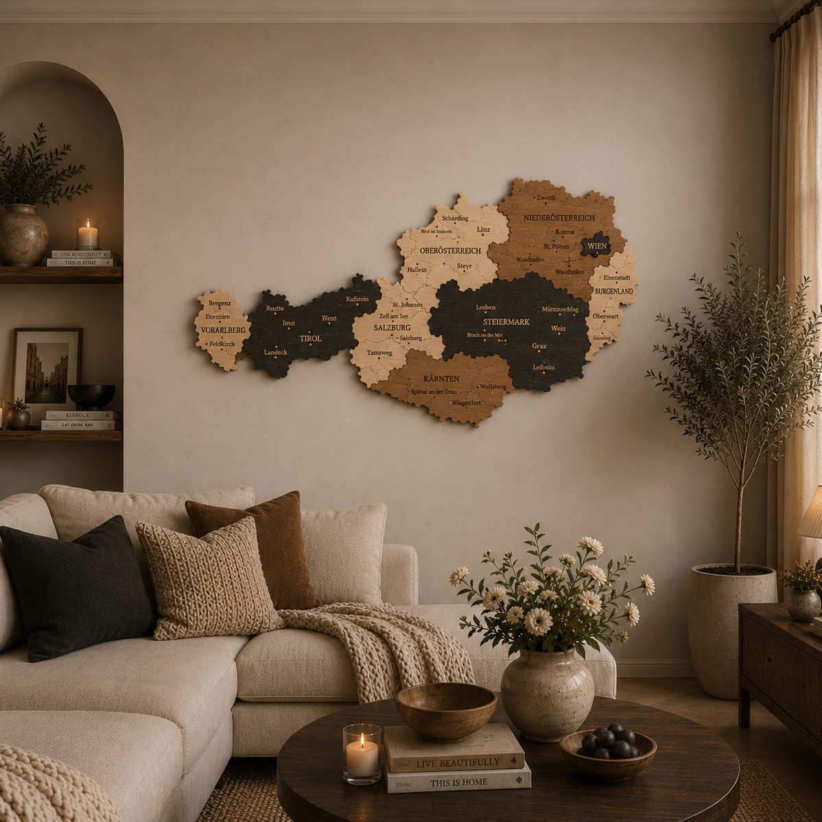 Living room with a wooden map of Austria, couch, and coffee table.a