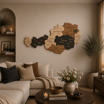 Living room with a wooden map of Austria, couch, and coffee table.a