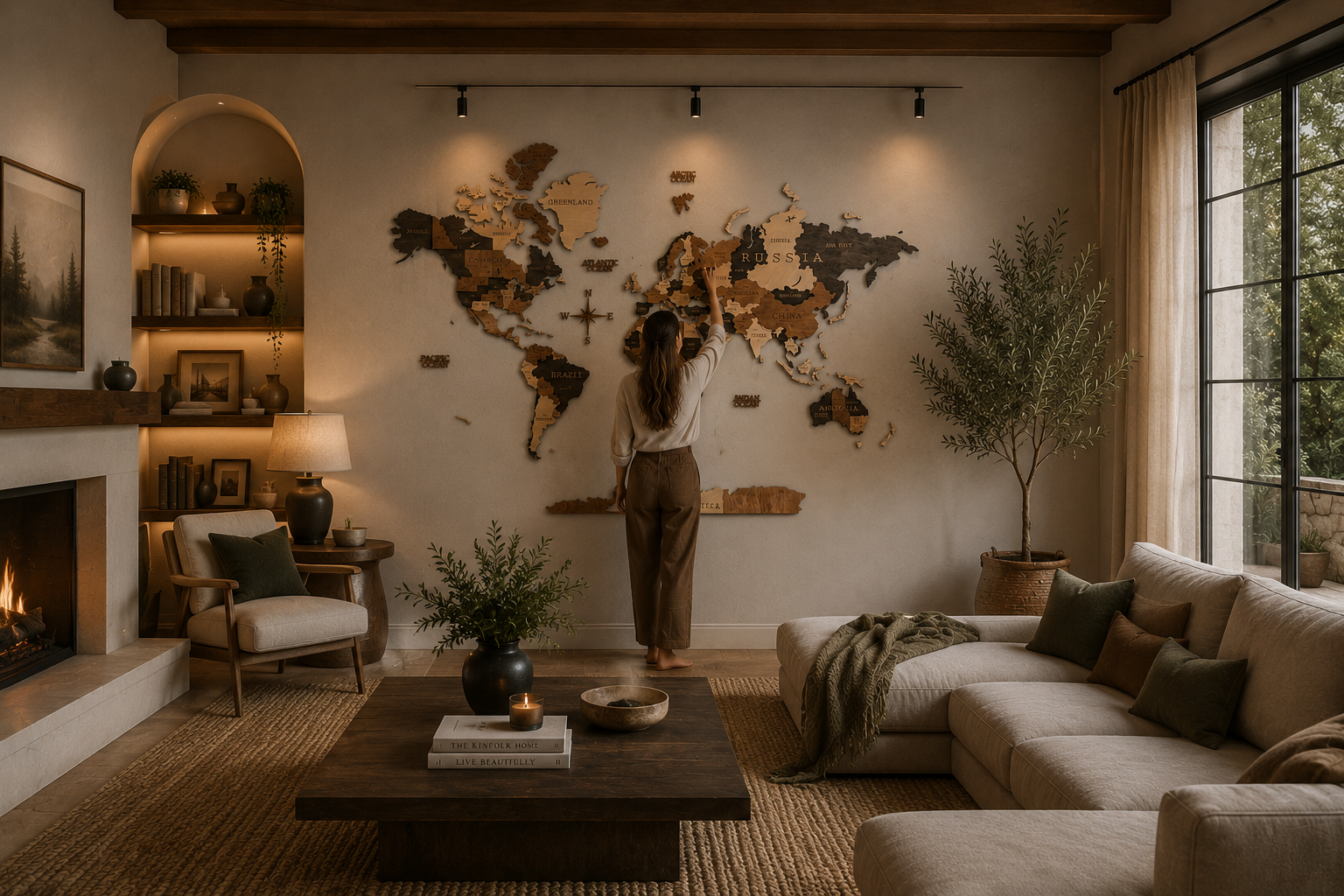 Living room with a world map on the wall and a person standing in front of it.