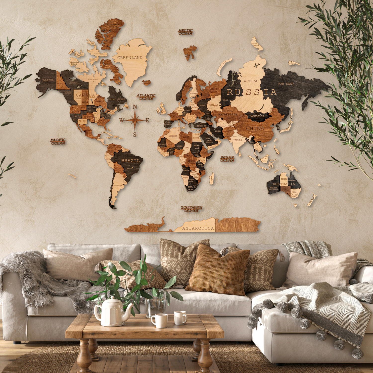 Living room with a world map wall decoration, sofa, and coffee table.