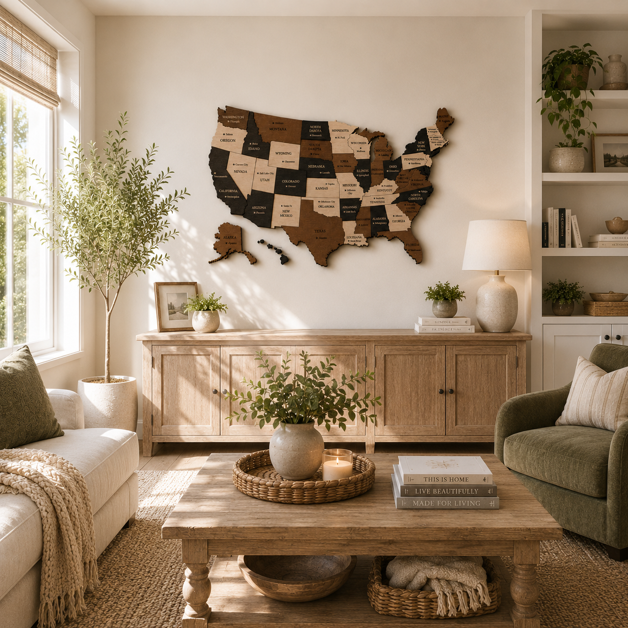Living room with wooden furniture, plants, and a wall map of the United States.