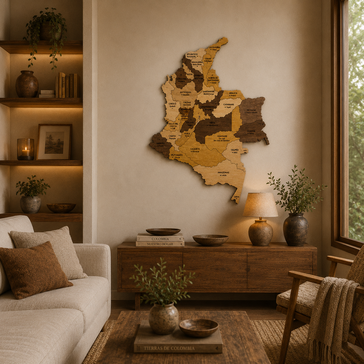 Living room with wooden map of Colombia on the wall, sofa, and decorative items.