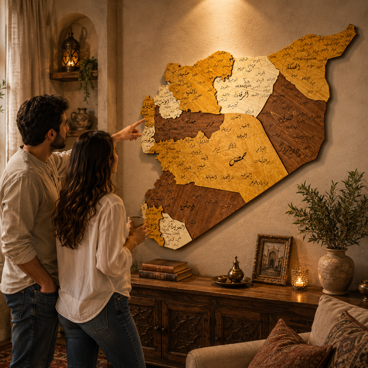 Man and woman looking at a wooden map of Syria on a wall in a cozy living room.