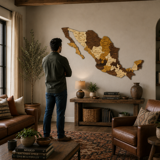 Man standing in a living room looking at a wall art piece of a map of Mexico.