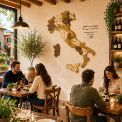 People dining at a restaurant with an Italian map on the wall