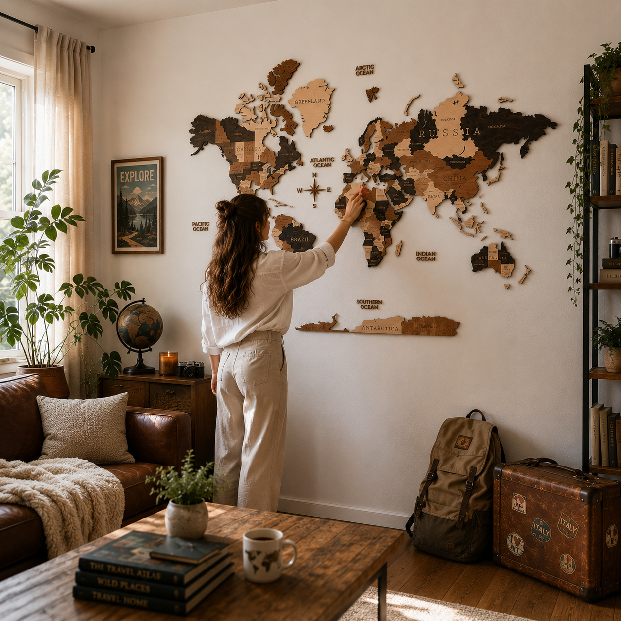 Person adjusting a wooden world map on a wall in a cozy living room.