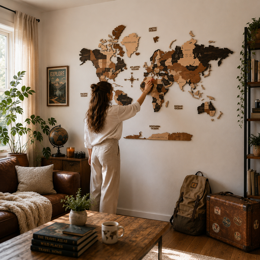 Person adjusting a wooden world map on a wall in a cozy living room.