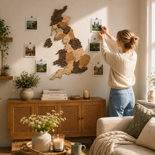 Person decorating a wall with a wooden map of the UK and photos in a cozy living room.
