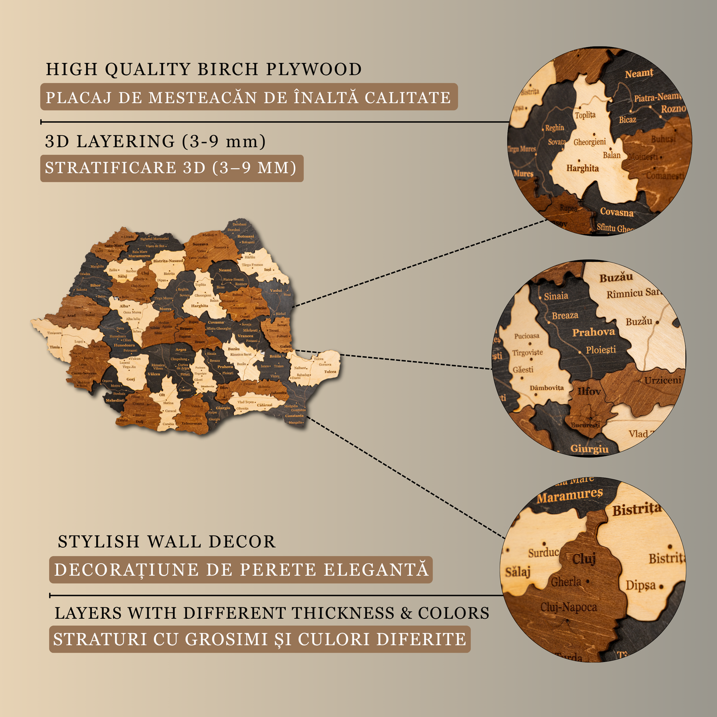 Romania 3D Wooden Map