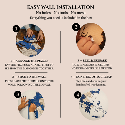Step-by-step guide for installing a wooden map on the wall with text and images of hands arranging and sticking the map.