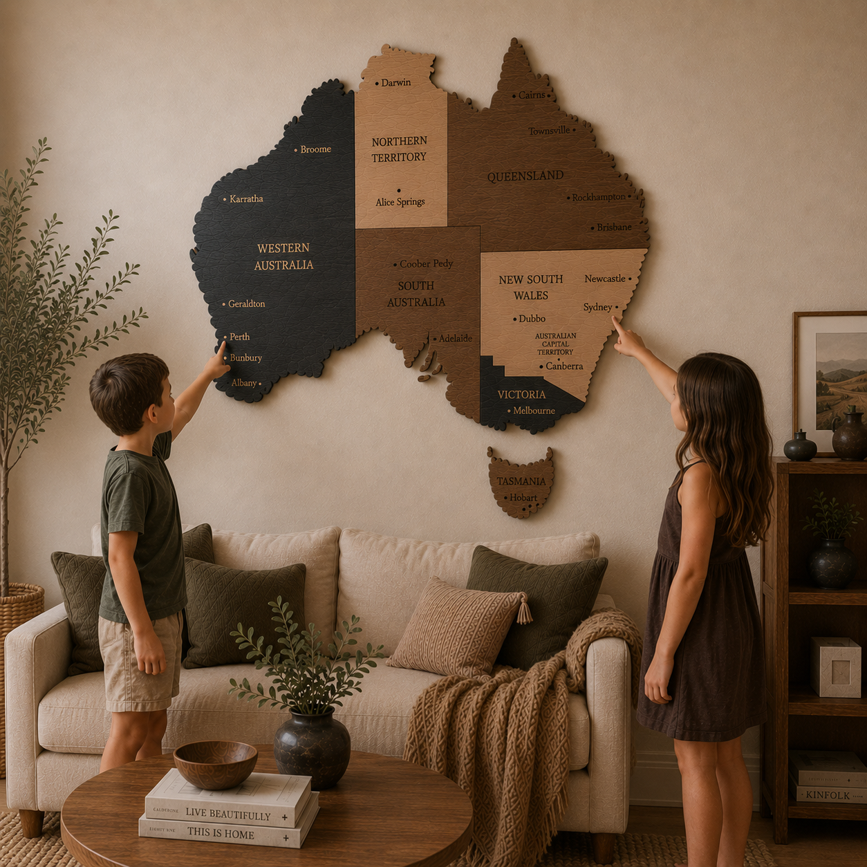 Two children interacting with a wall-mounted map of Australia in a cozy living room.