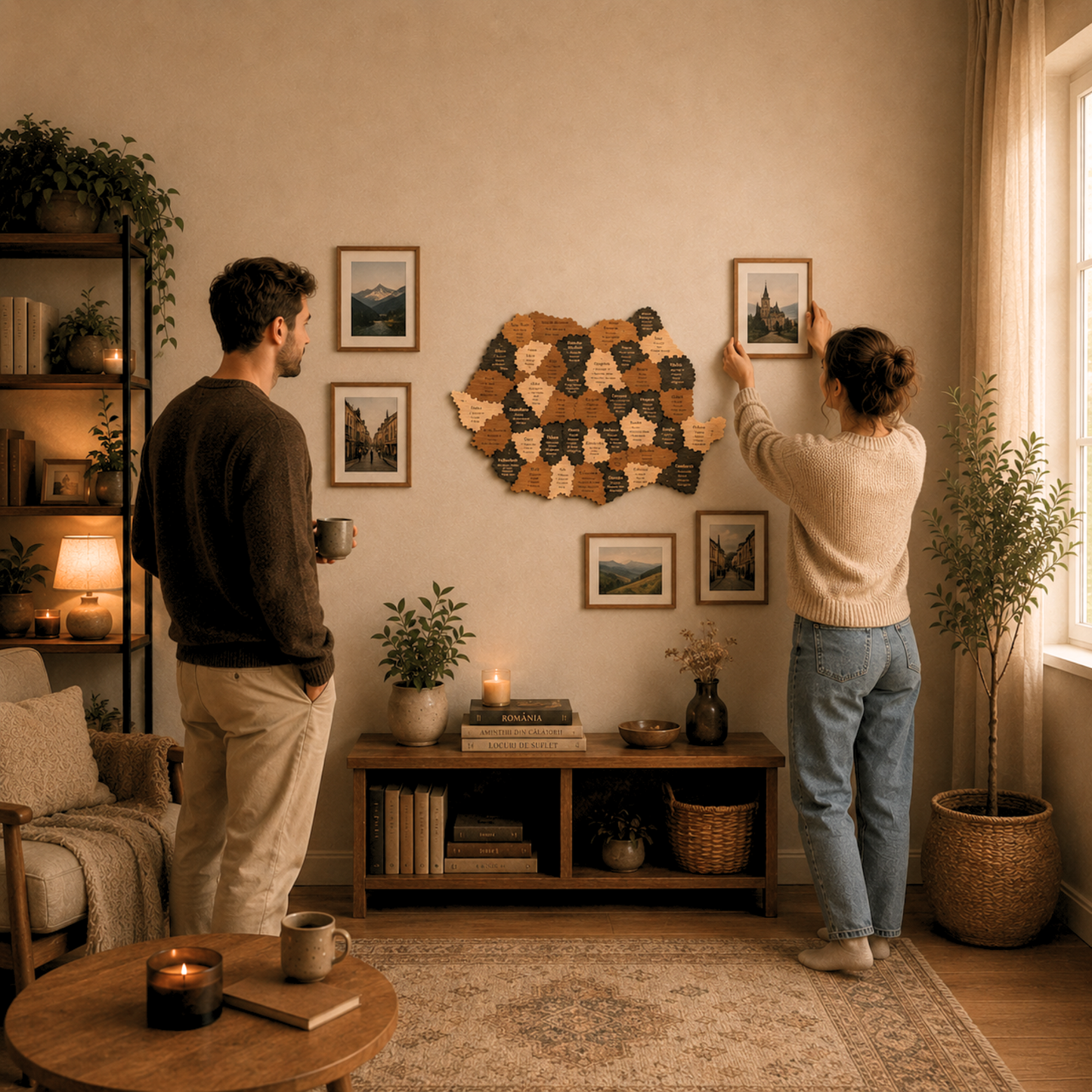 Two people in a cozy living room with decor elements like a 3D Wooden map of Romania