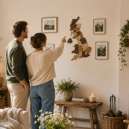 Two people in a cozy living room with plants and UK decor.