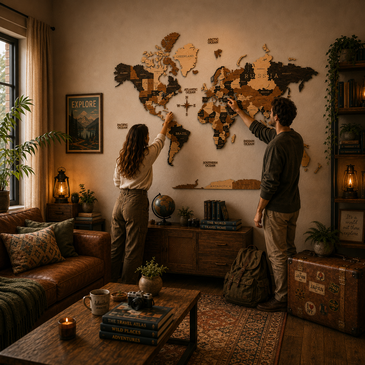 Two people interacting with a world map on a wall in a cozy living room.