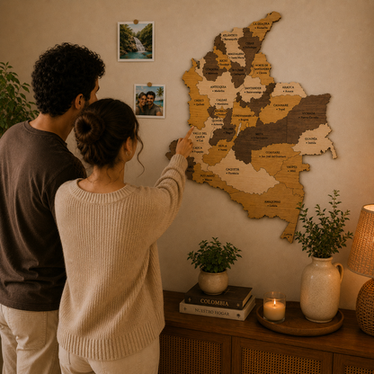 Two people looking at a wooden map of colombia on a wall in a cozy living room.